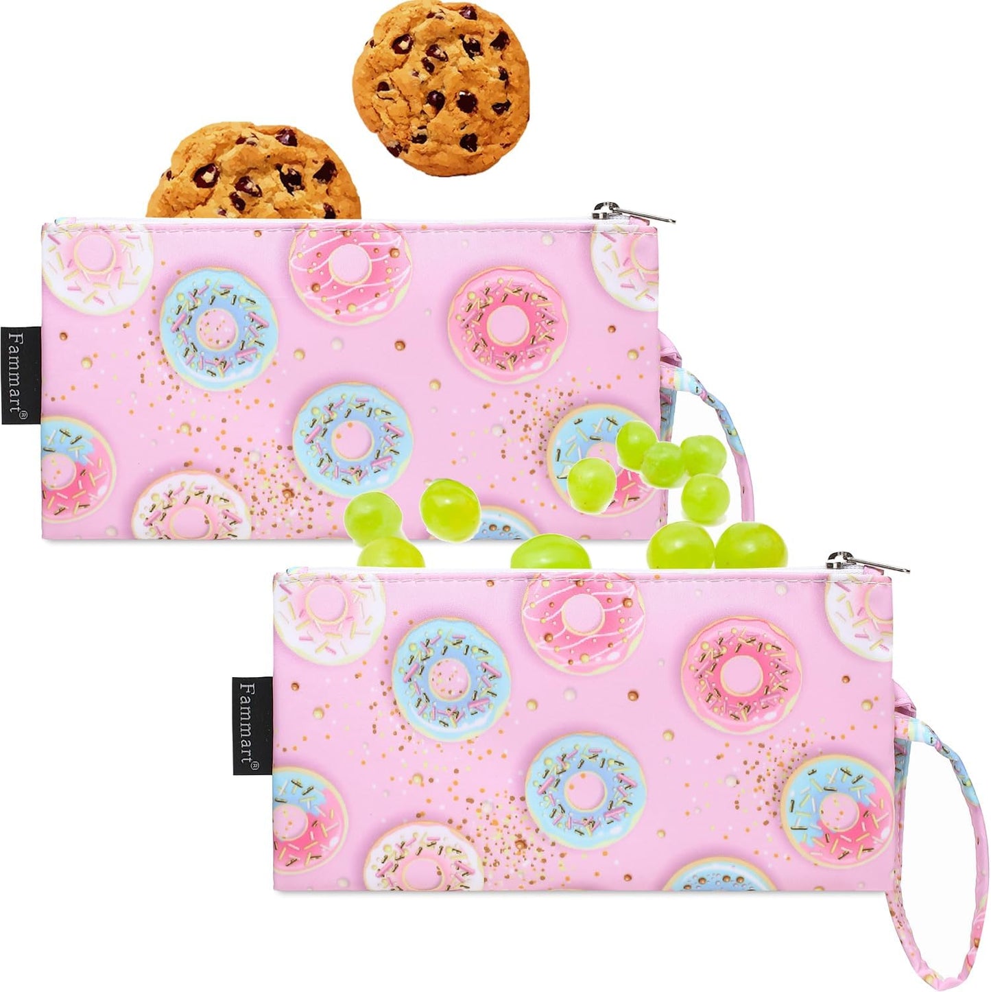 Reusable Sandwich Bag/Snack Bag for Kids & Adults, Dual Layer Lunch Bag with Handle, Washable, Food Safe, BPA Free (2-Pack, Colorful Donut)