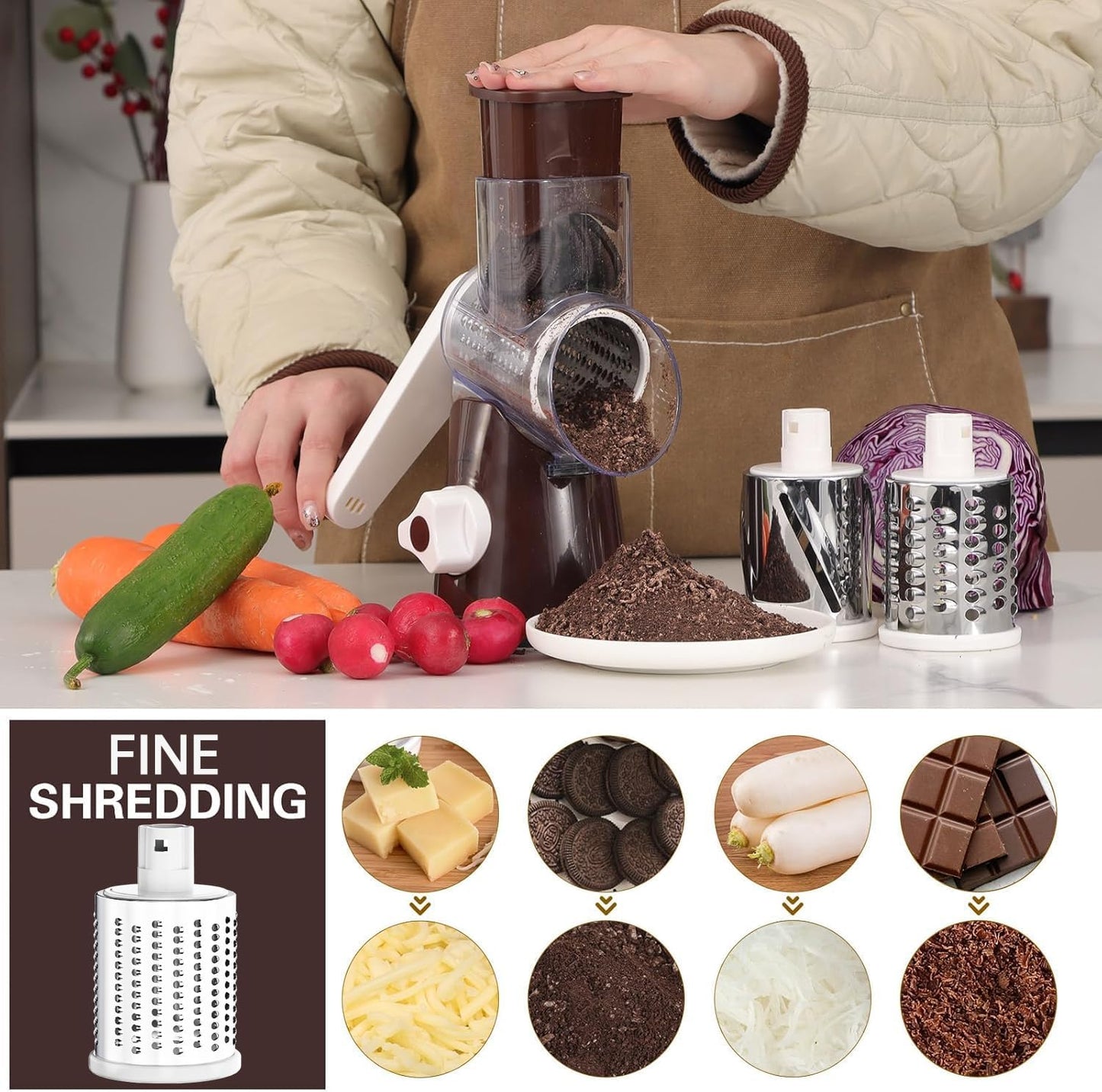 Cambom Rotary Cheese Grater Hand Crank Cheese Shredder for Fresh Cheese, Vegetable, Nuts,Non-slip Suction Base, Free Cleaning Brush Three Blades, Coffe Color