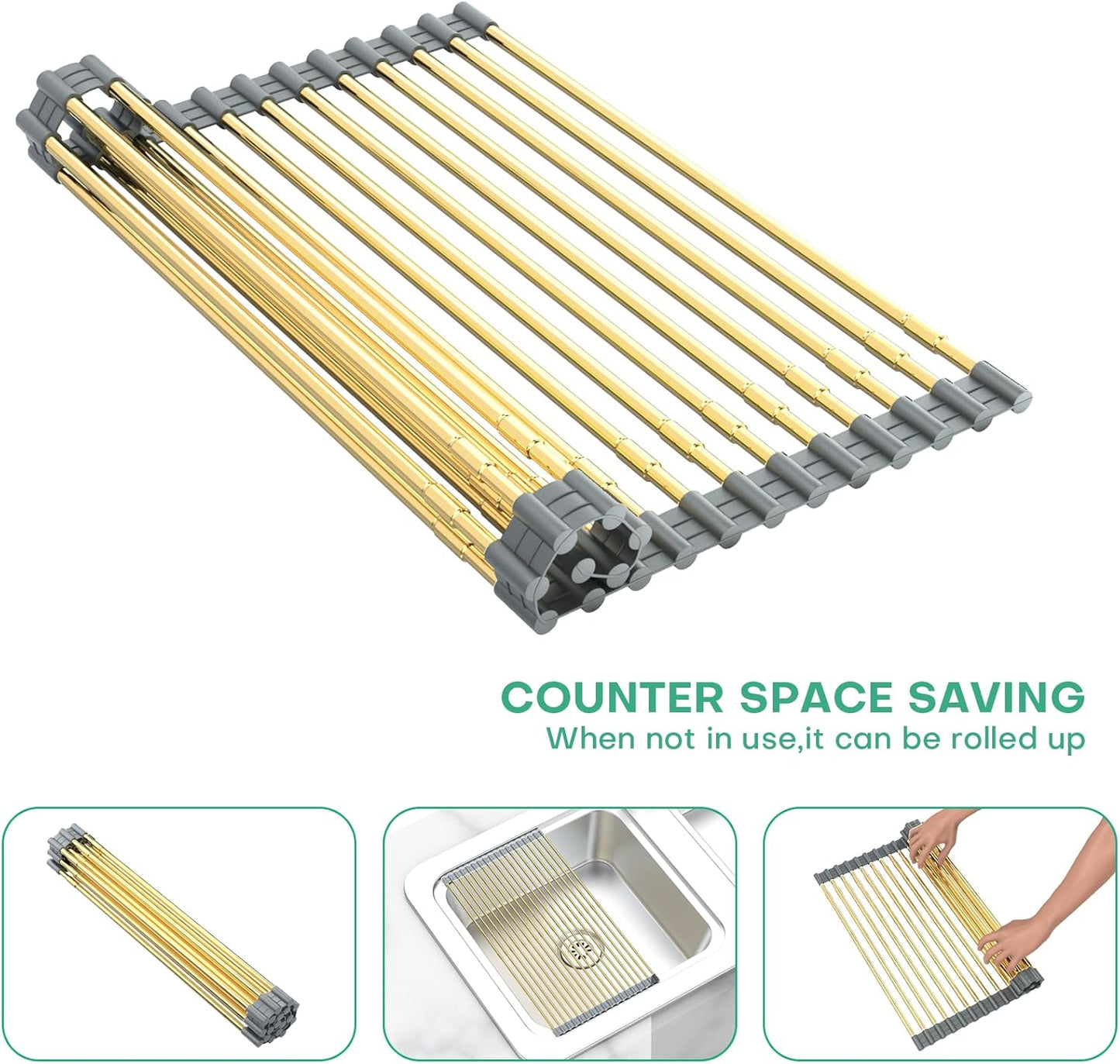 Expandable Large Draining Rack, Roll Up Heat-Resistant Dish Drainer for Stainless Steel Sinks, Collapsible Over The Sink Rack Non-Slip Silicone Rolling Up Rack Gold 18 Tube
