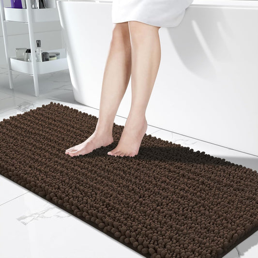 Yimobra Bathroom Runner Rug 60x24 Inch - Extra Long Non Slip Chenille Bath Mat, Soft & Absorbent, Machine Washable Shaggy Hallway Carpet for Vanity Tub Shower, Brown Home Decor Accessories