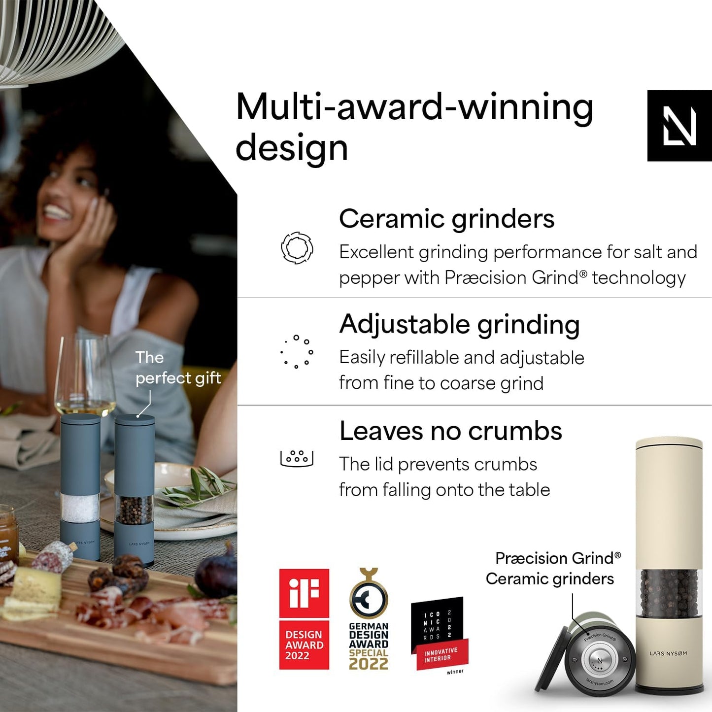 LARS NYSØM Salt and Pepper Grinder Set Manual, Stainless Steel Salt and Pepper Mills with Adjustable Ceramic Grinder I Design Spice Shakers (Green/Beige)