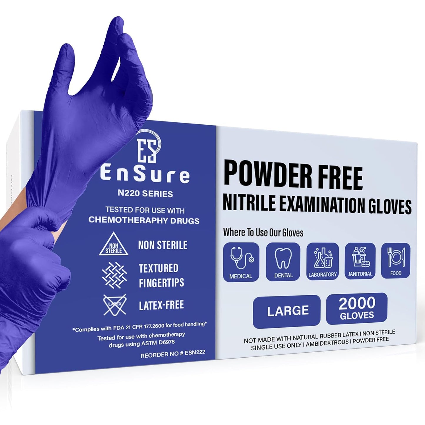 EnSure Nitrile Exam Gloves, Powder-Free, Latex-Free, Chemo Rated, Non-Sterile, Light Duty, Textured Tips, Medical, Surgical, Food Safe, Cleaning, Dental, Lab Use - 3 Mil (Large, 2000 Count)