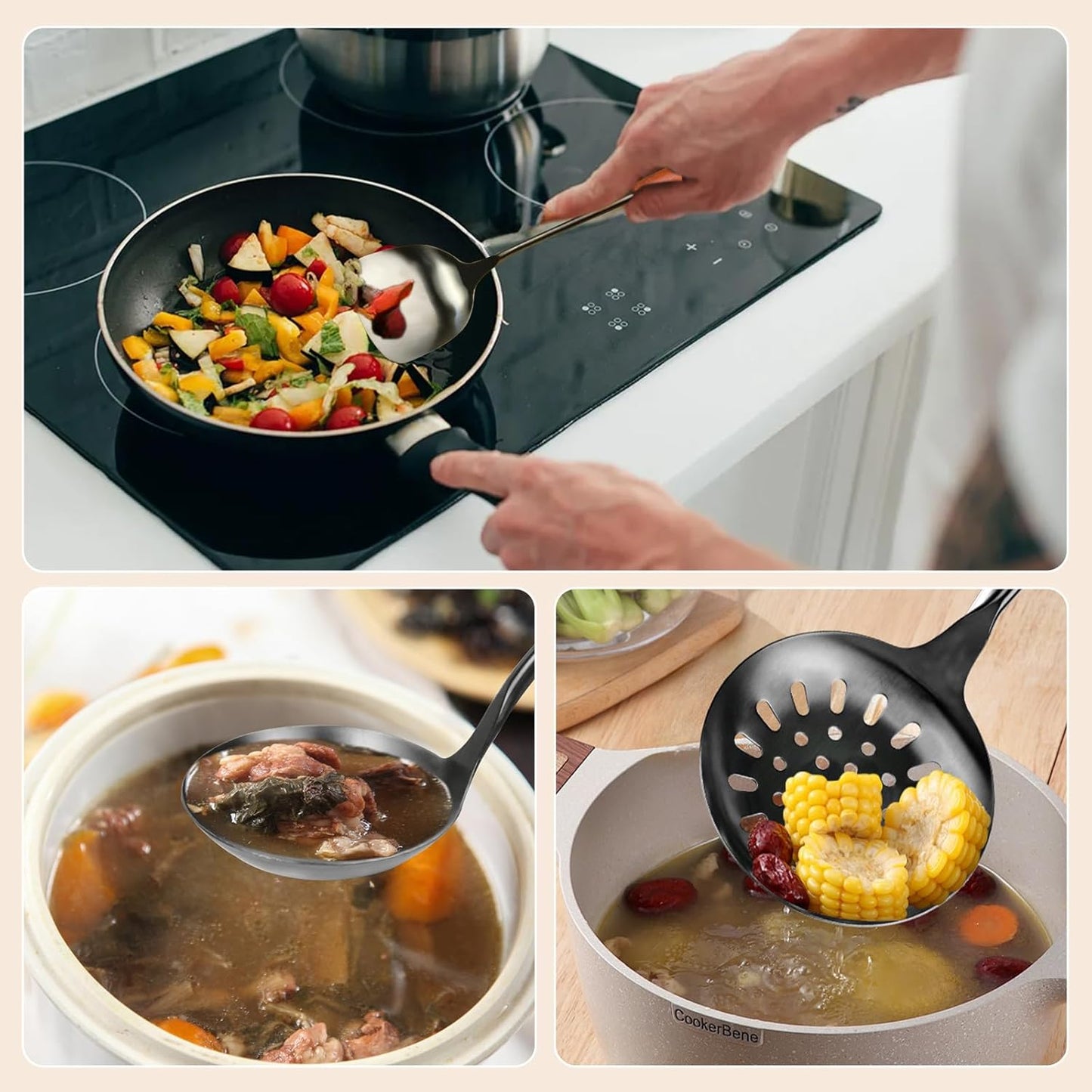 FJNATINH 17inch Wok Spatula and Ladle, Skimmer Spoon, Slotted Turner Spatula Set 304 Stainless Steel Kitchen Utensils Sets, 4-Pieces Cooking Utensils Tools Wok Accessories