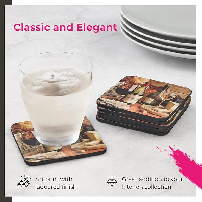 Pimpernel Artisanal Collection Coasters, Set of 4 – 4" Square 5mm Cork-Backed Drink Mats with Cheese & Grapes Art Print, Heat & Stain Resistant Lacquered Board for Dining Table Protection