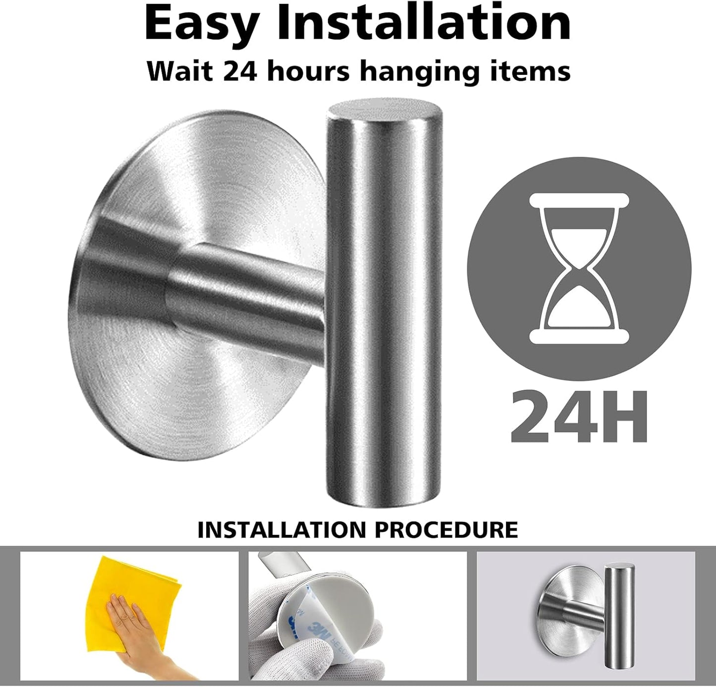 Adhesive Towel Hooks Heavy Duty Wall Hooks Stainless Steel Waterproof Shower Towel Hooks, Coat Hook for Hanging Clothes, Adhesive Hook for Bathroom, Glass Window, Kitchen- 2 Pack, Silver