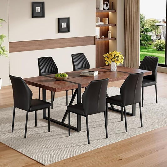 86.6" Dining Table Set for 6, Modern 7 Piece Wood Kitchen Table and Chairs Set, Rectangle Dining Room Table with 6 PU Leather Upholstered Chairs, Ideal for Apartment, Kitchen, Dining Room
