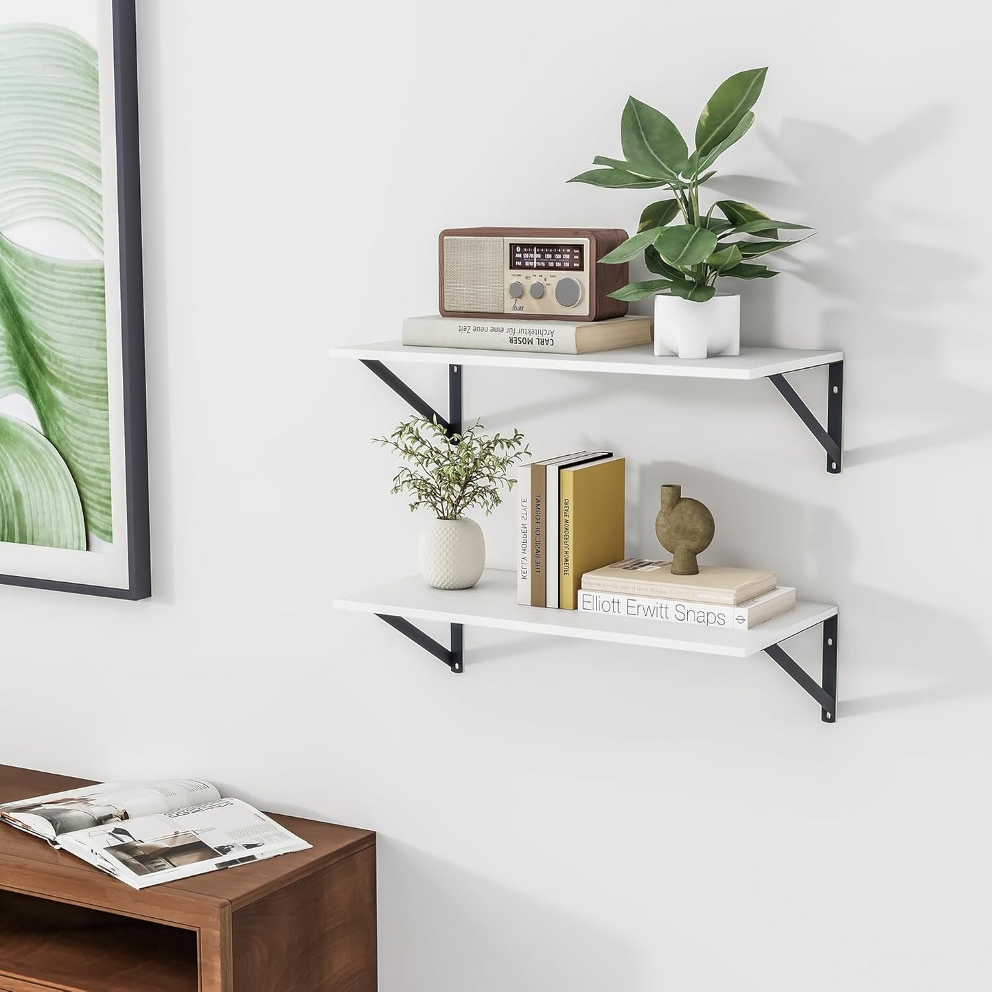 Heimlove White Deep Floating Shelves for Wall, 24W x 12D Wood Wall Shelves Set of 2, Wide Floating Bookshelf for Living Room, Kitchen, Office, Bedroom and Decor Storage, with Black Bracket - White