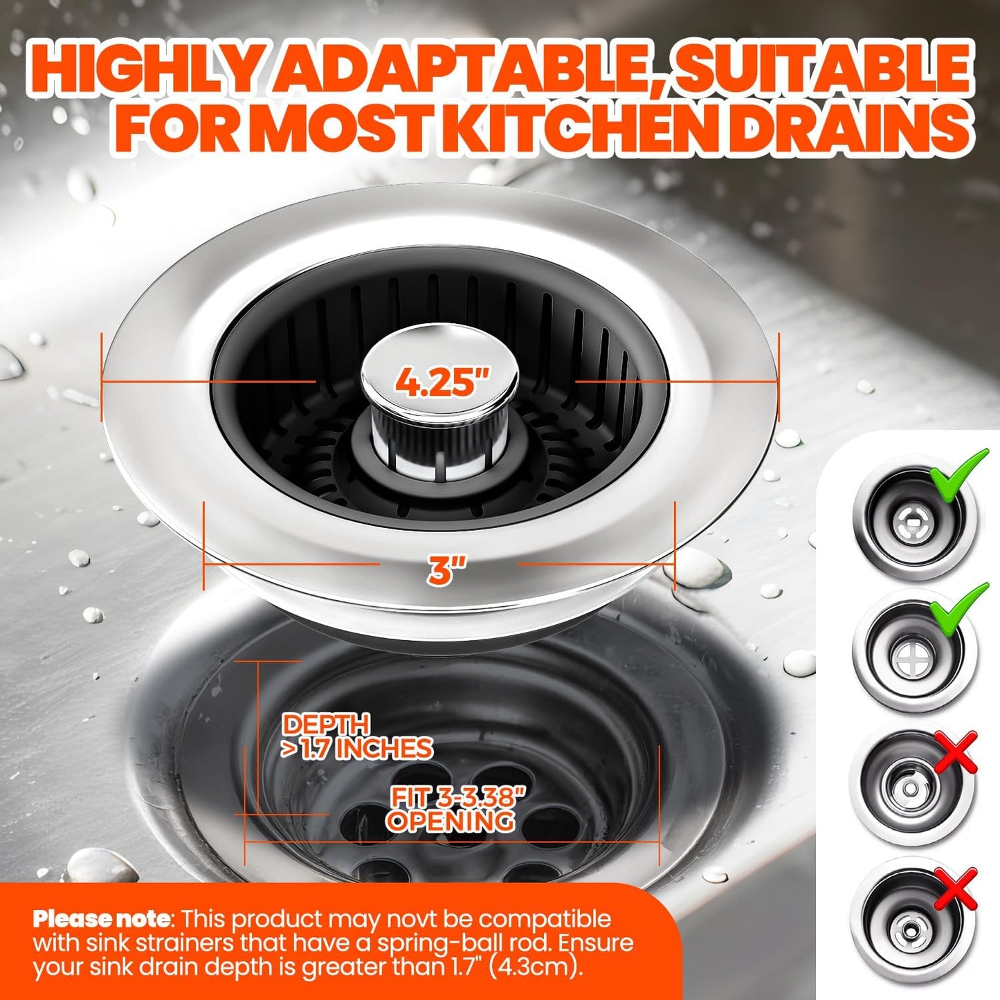 3 in 1 Kitchen Sink Drain Strainer & Sink Stopper Upgraded Stainless Steel Drain Plug with Anti-Clog Basket Drain Stopper Combo, Pop Up Sink Stopper for Standard 3-1/2''
