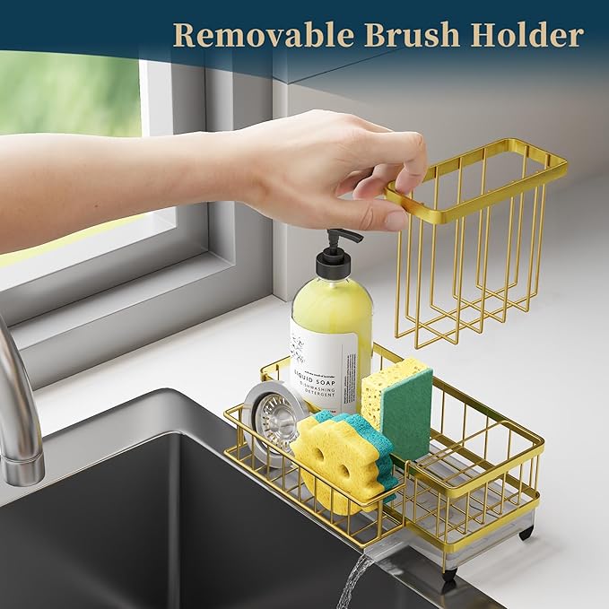 Consuemst Sponge Holder for Kitchen Sink - Auto Draining Sink Caddy Organizer with Detachable Rack, High Brush Holder, Kitchen Countertop Storage Accessories, Gold