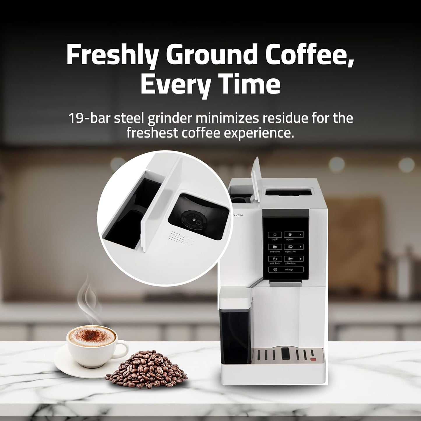 Epsilon Fully Automatic Coffee Machine, Modern One Touch Espresso Machine, Integrated Milk Frother and Custom Brewing Cafe Maker, Compact Countertop Size, Self Cleaning Cafetera (White)