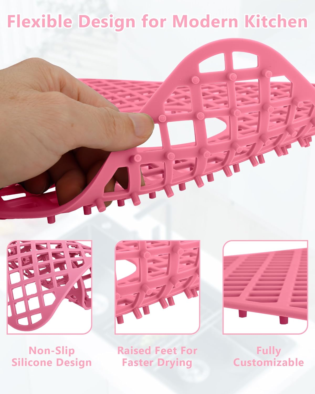 2 Pack Silicone Sink Protector for Kitchen Sink, Lozenge Pattern 13 x 11 inches Sink Grid Mat Silicone Protectors, Center Drain, Pink