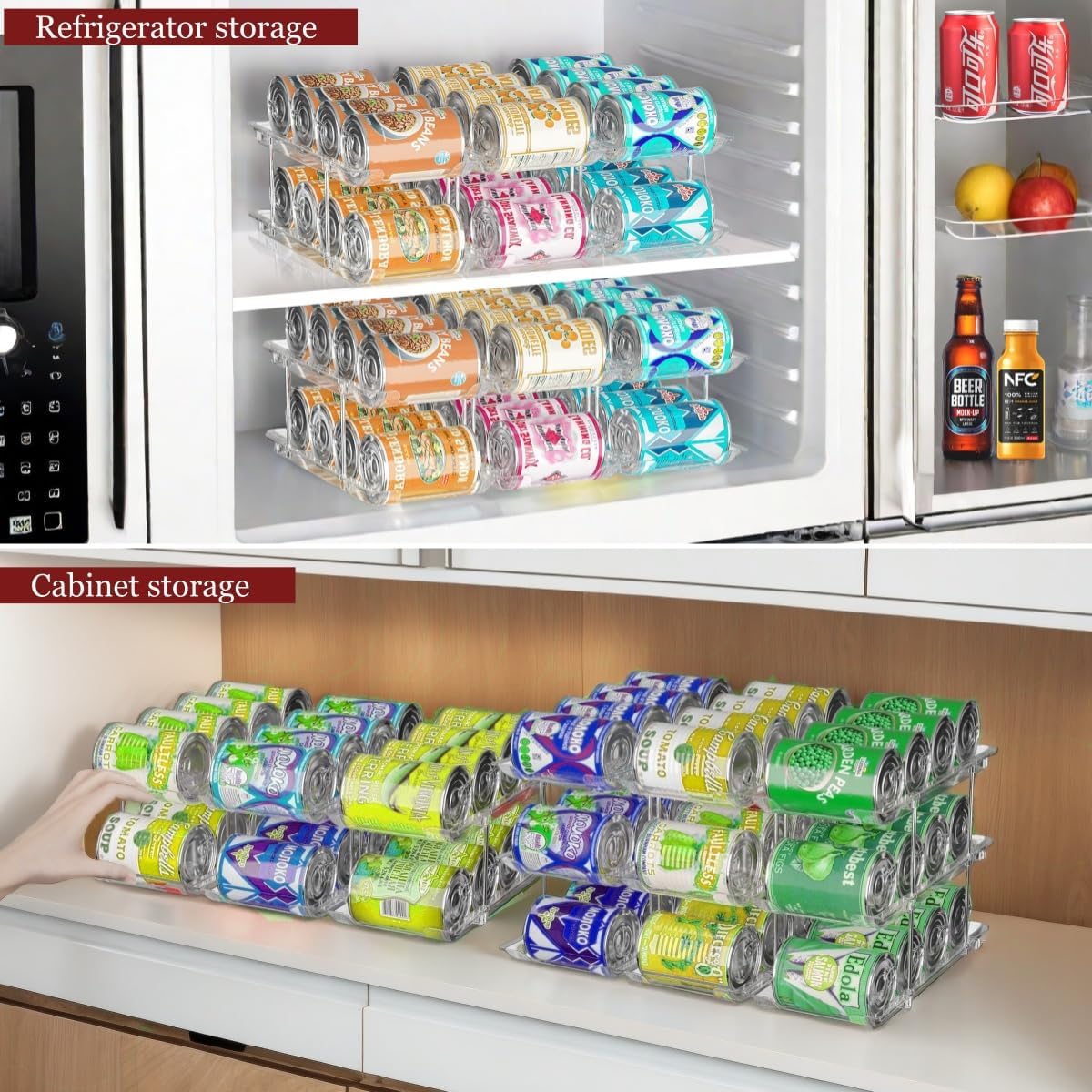 Can Organizer for Pantry, 6 Sets 3Tiers Can Storage Organizer Pantry, Soda Can Organizer for Fridge 72 Cans Rack Automatic Rolling Stackable Canned Food Organizer,Clear