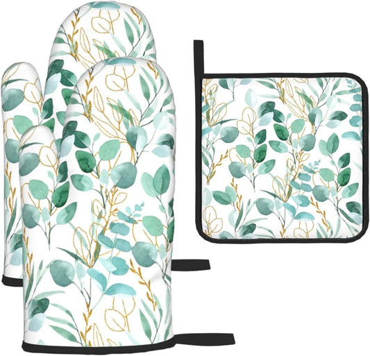 Sage Green Leaves Oven Mitts and Pot Holders Sets Heat Resistant for Kitchen BBQ Microwave Baking Grilling Cooking Set of 3 Cute Botanical Kitchen Oven Glove