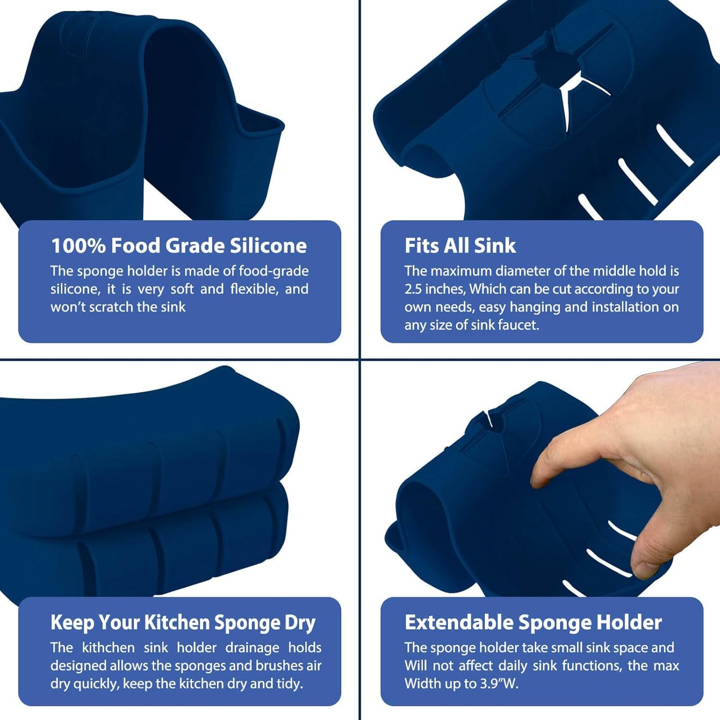 Sponge Holder for Kitchen Sink, Silicone Sink Saddle Caddy Organizer Rack, Sponges Holder Over Faucet, Hanging Kitchen Organizer Accessories Rack Basket Navy Blue