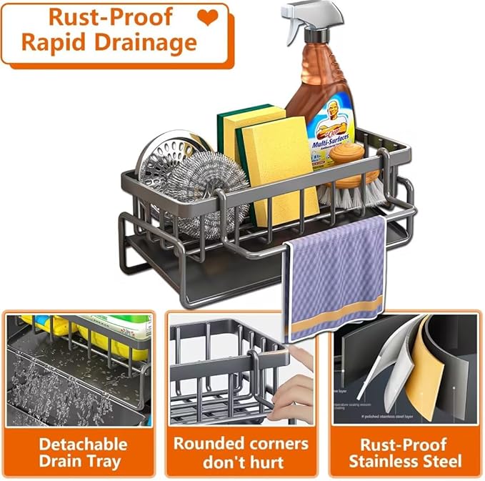 CIT ZCFY Kitchen Sink Caddy Organizers - Stainless Steel Sink Caddy with 30 Tilt Self-Drainage, Dish Brush Holder & Removable Dishcloth Rack - Gray