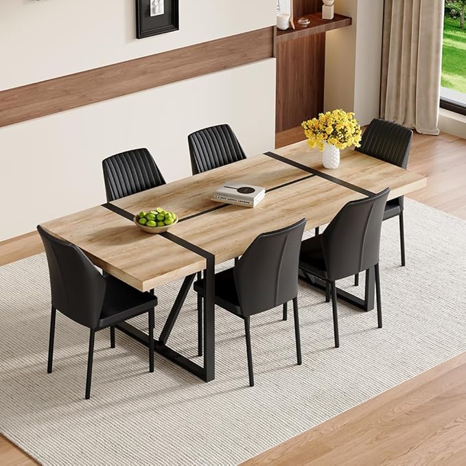 86.6" Dining Table Set for 6, Modern 7 Piece Wood Kitchen Table and Chairs Set, Rectangle Dining Room Table with 6 PU Leather Upholstered Chairs, Ideal for Apartment, Kitchen, Dining Room