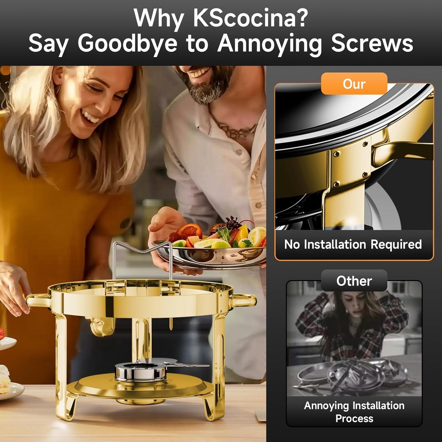 Chafing Dishes for Buffet, 4 Pack 5QT Round Stainless Steel Chafing Dish Set for Home Parties, Christmas Gatherings, Catering Events Complete Buffet Warmer Set (Golden 2)