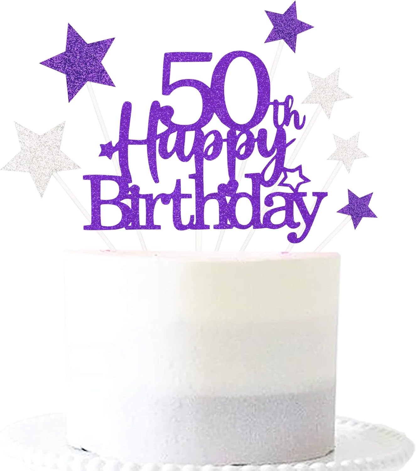 Glittery 50th Happy Birthday Cake Topper with Star,Personalised 50 Birthday Cake Toppers Party Decorations Party Supplies for Men Women Purple Silver