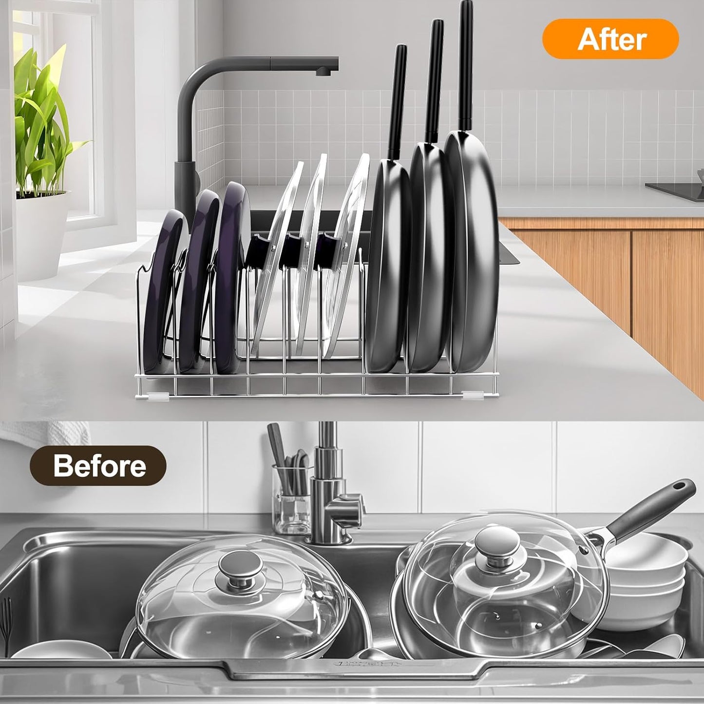 FLSEPAMB Pot Lid Organizer Pan Lid Organizer Kitchen Pot Lid Rack Suitable for Bakeware Dish Plate, Cutting Boards, Pots & Pans, Serving Trays, Reusable Holder (2 Pack)