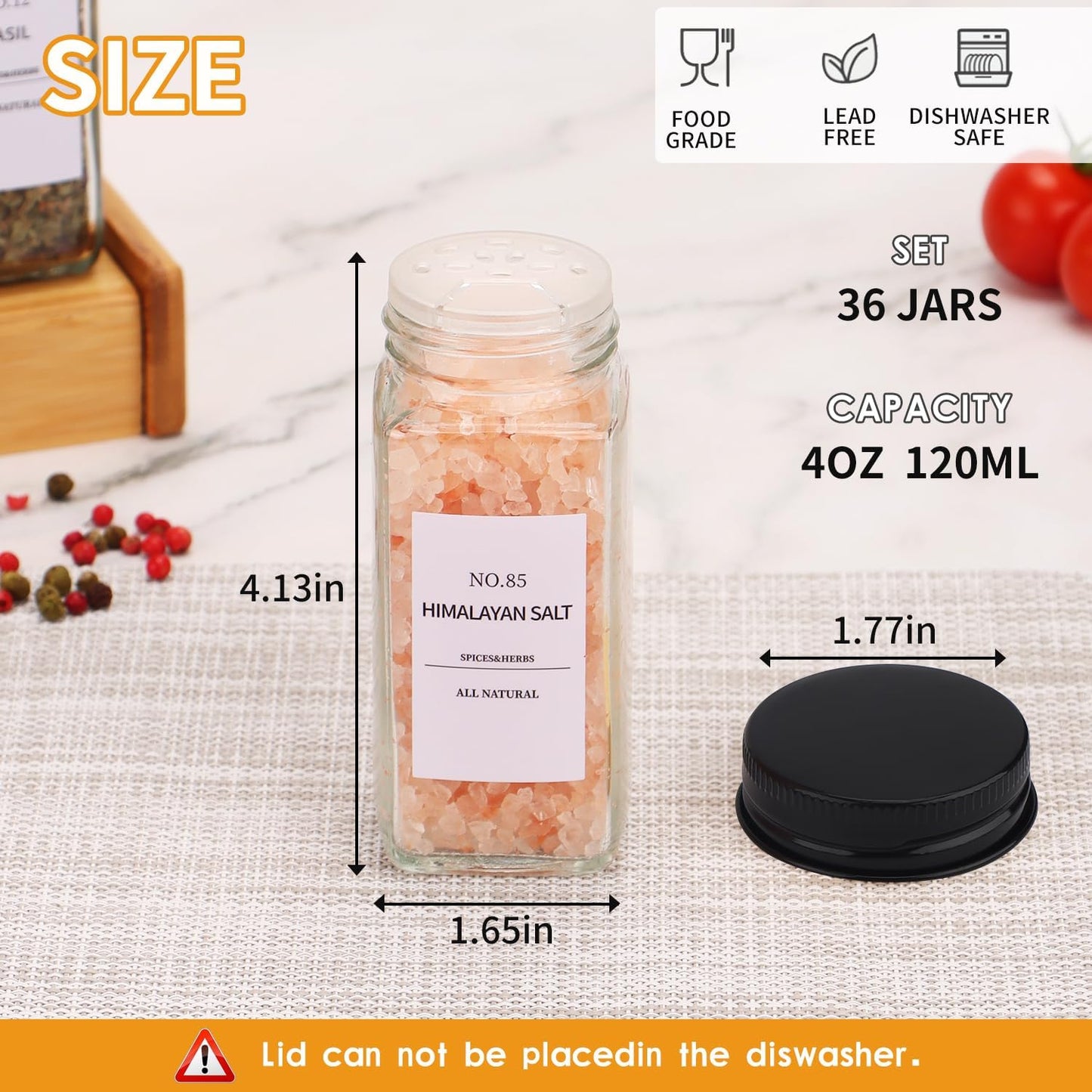 Spice Jars - 36 pieces, labeled spice jars with black metal lids, empty glass spice jar set, spice storage containers, kitchen set, ideal for organizing and storing food in the pantry.