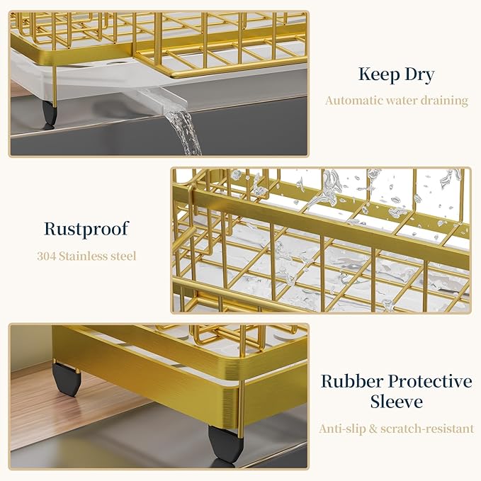 Consuemst Sponge Holder for Kitchen Sink - Auto Draining Sink Caddy Organizer with Detachable Rack, High Brush Holder, Kitchen Countertop Storage Accessories, Gold