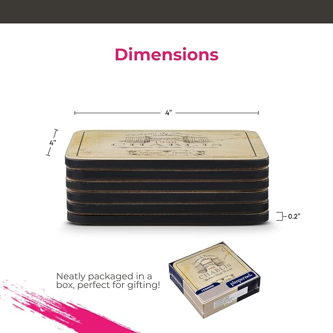 Pimpernel Vin de France Coasters, Set of 6 – 4" Cork-Backed Boards Featuring Classic Wine Label Artwork, Heat & Stain Resistant Lacquered Finish Drink Mats for Dining, Bar & Kitchen Decor