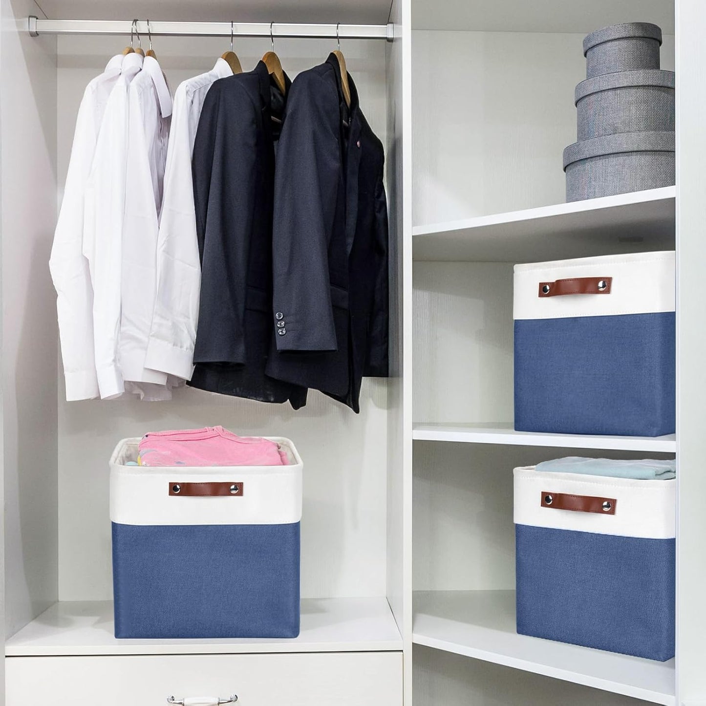 13x13 Cube Storage Bins, Collapsible Fabric Storage Box, 4 Pack Closet Baskets with Handles for Organizing, Shelf, Toys, Clothes, Home, Office, Nursery (NavyBlue&White)