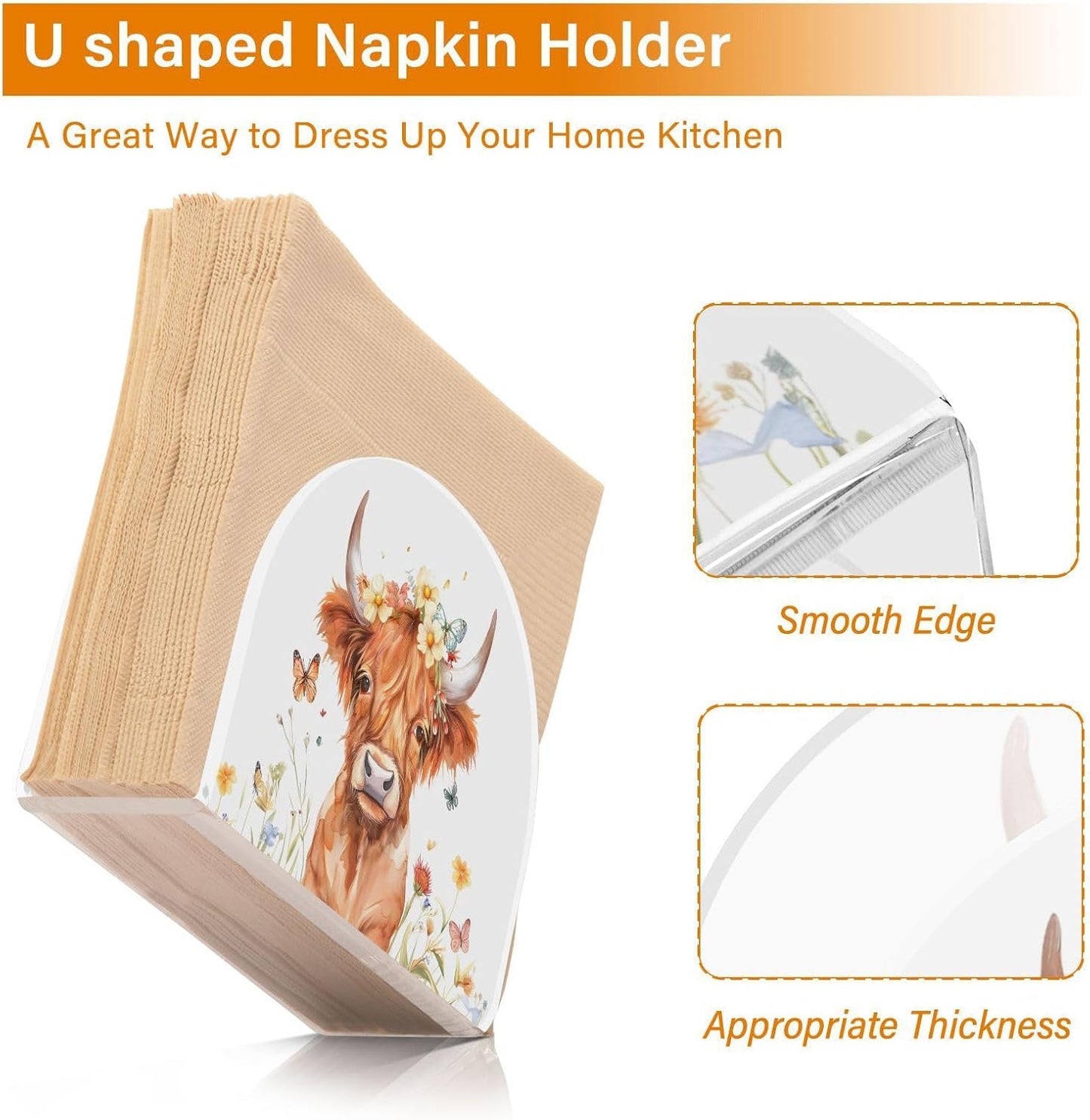 Highland Cow with Butterflies Napkin Holder for Table Paper Napkins Holder Acrylic Tissue Dispenser Kitchen Dining Room Bathroom Party Car Decor