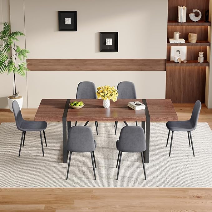 86.6" Dining Table Set for 6, Modern 7 Piece Wood Kitchen Table and Chairs Set, Rectangle Dining Room Table with 6 Linen Fabric Upholstered Chairs, Ideal for Apartment, Kitchen, Dining Room