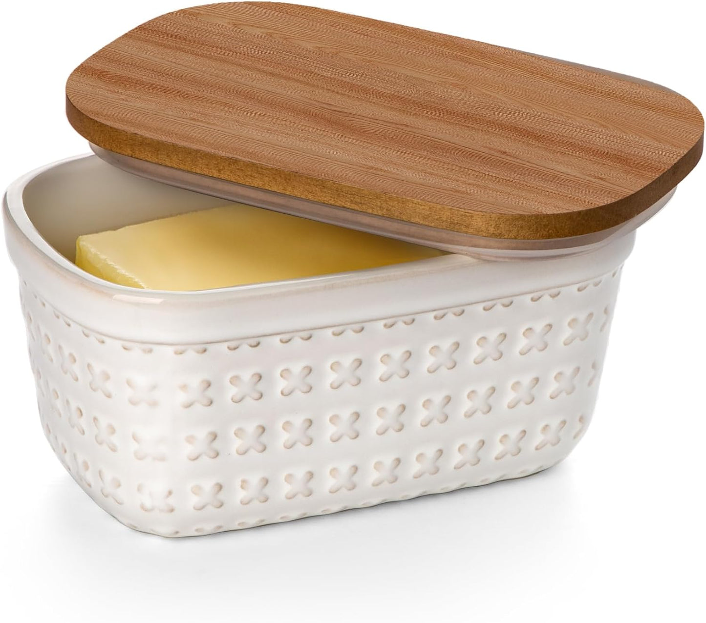 Nucookery Ceramic Butter Dish, Embossed Butter Keeper with Wood Lid for Countertop, Butter Holder and Container with Double Silicone Seal (Cross Pattern)