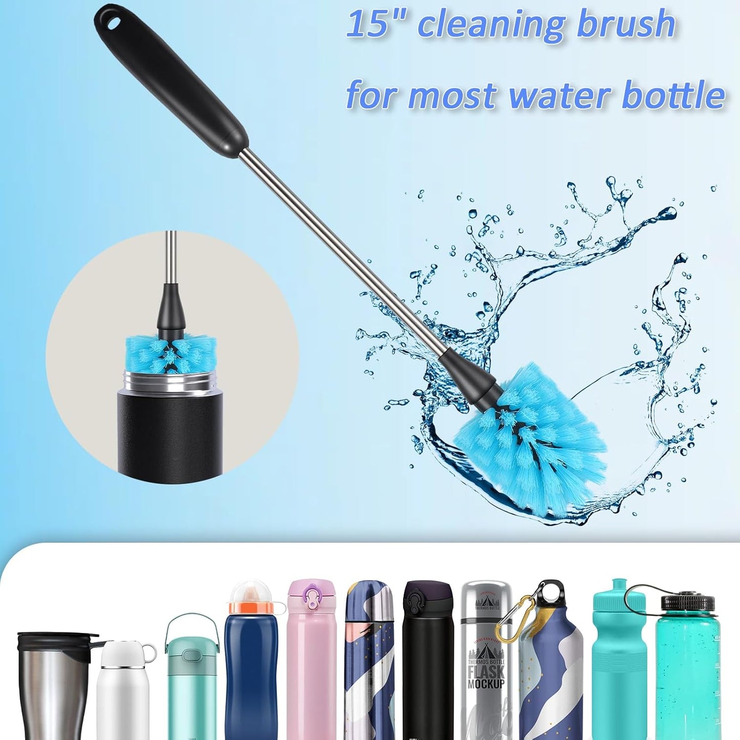 Stainless Steel Long Handle Water Bottle Brush, Flexible Scrubbing Brush for Cleaning Water Bottles, Baby Water Bottles, Glassware, Food Jars, Sports Jugs, Sobriety Jugs, 2 Pack, 15 in.