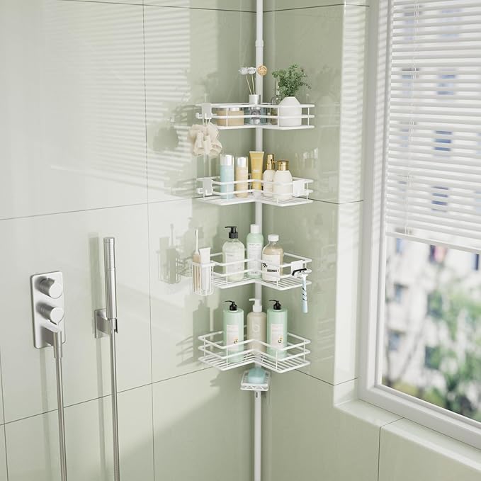 HapiRm Corner Shower Caddy Organizer - Shower Organizer Corner with Soap Holder, Toothbrush Holder and 4 Hooks, Rustproof Bathroom Shelf Tension Pole Available for 27.6 to 108.3 Inch - White