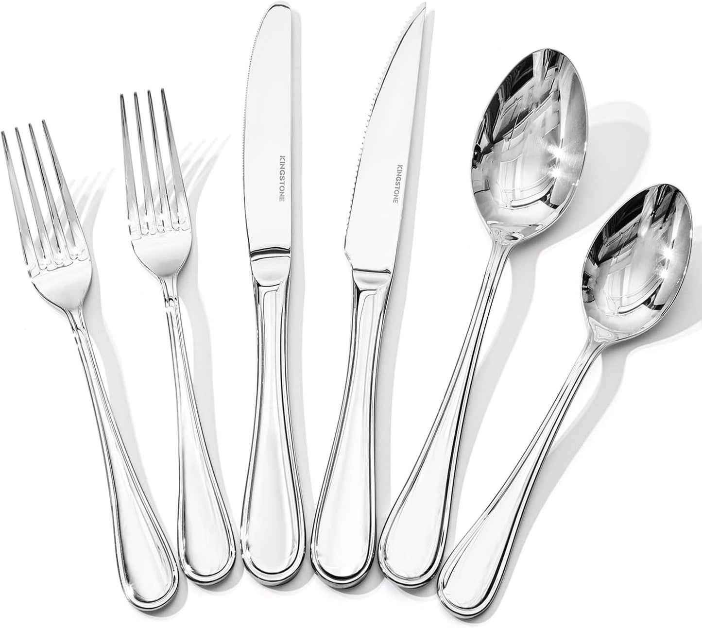KINGSTONE 24 Piece Teardrop Silverware Set with Steak Knives, 18/10 Stainless Steel Flatware Set for 4, Modern Design Cutlery Set for Home/Hotel/Wedding,Mirror Polished and Dishwasher Safe