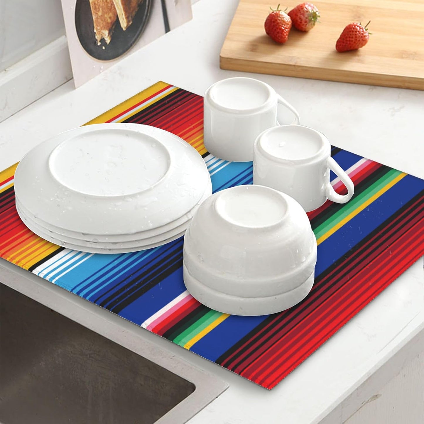 Rainbow Colorful Stripe Kitchen Drying Mat Mexican Microfiber Dish Drainer Mat for Kitchen Counter Absorbent Reusable Washable 16x18 Inch