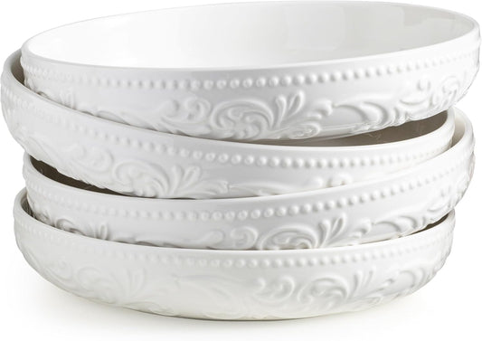 YHOSSEUN 9.75" Pasta Bowls Set of 4, 50 OZ Large Salad Bowl Pasta Plates, Ceramic Serving Bowl Plate White Soup Bowls, Embossed Morning Glory