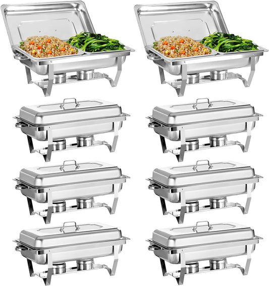 Chafing Dish for Buffet, 8 Pack Stainless Steel Chafing Servers Food Warmer Set with 8QT Half Size Food Pan for Kitchen Party Banquet Dining