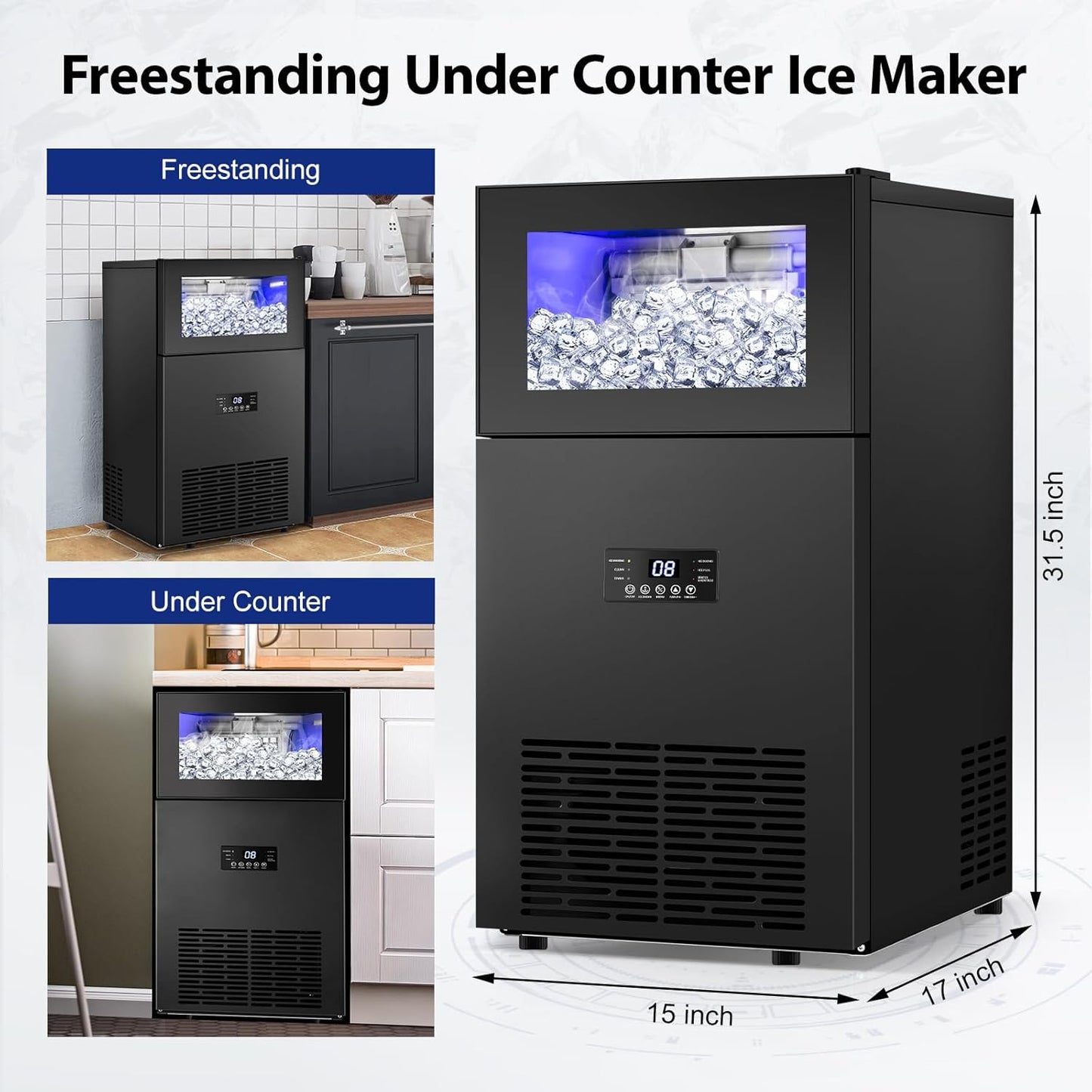 Commercail Ice Maker 160Lbs/24H with 35Lbs Ice Capacity,Upgraded 15" Wide Under Counter Ice Machine 63Pcs Ice Cubes, Commercial Ice Machine Self Clean Stainless Steel Built-in or Freestanding