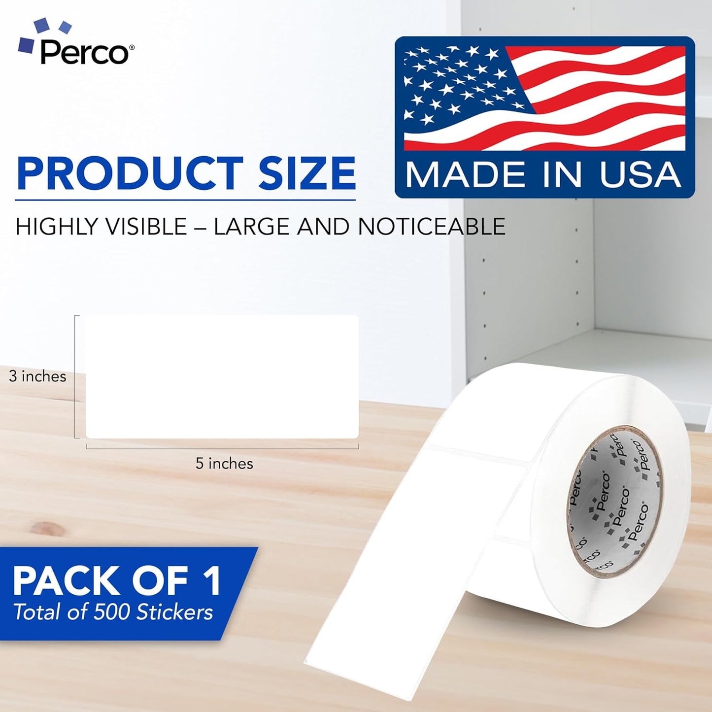 Perco White Labels 3x5 Inch 500 Stickers/Roll with Easy Peel Perforation and Strong Adhesion for Inventory Management, Color Coding, Moving Boxes, Retail, Organizing & Crafts – Made in USA