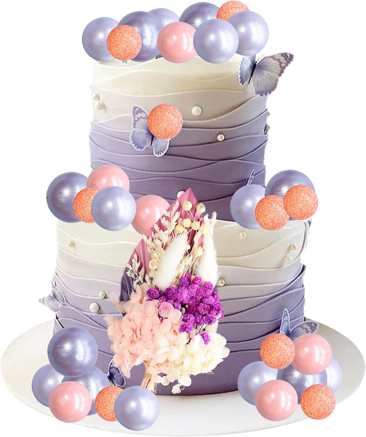 Gyufise 21 Pack Flower Boho Cake Topper Ball Cake Decorations Palm Leaves Plants Cake Decor for Girl Bohemian Princess Theme Wedding Baby Shower Birthday Party Supplies Pink Purple