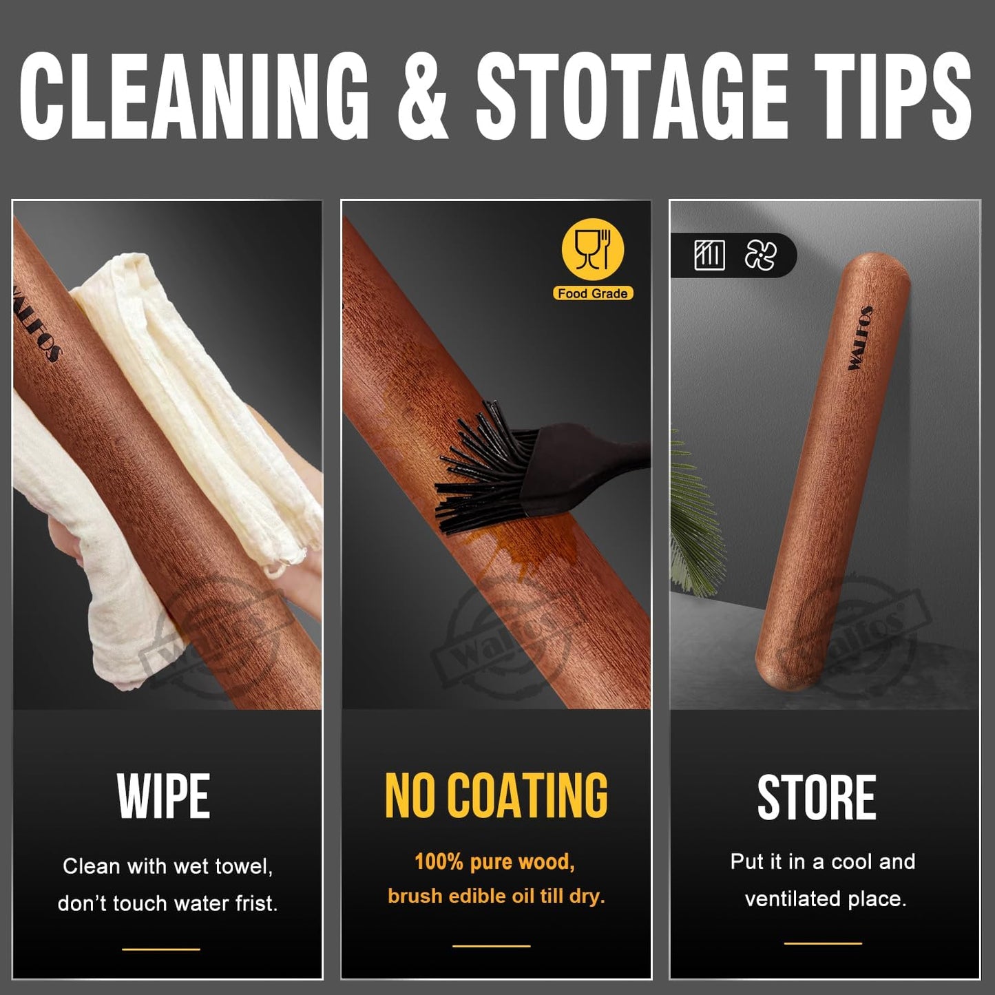 Walfos Mini Rolling Pin Set - Small Natural Wooden Rolling Pins (8inch) With Non-stick Silicone Fiber Baking Mat, Baking Dough Roller for Pizza, Pie, Pasta, Bread, Pastry