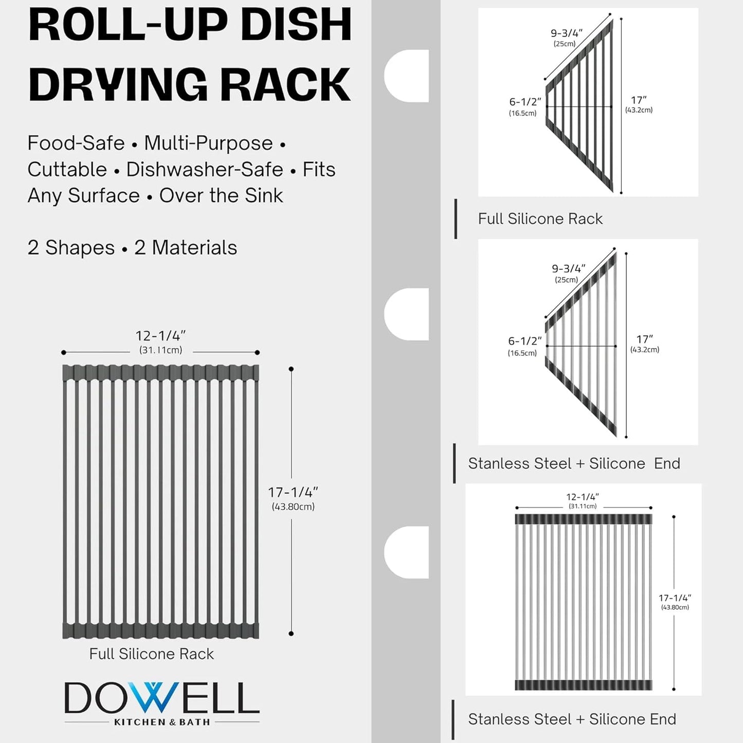 Dowell Over The Sink Roll-Up Dish Drying Rack Silicone Wrap, 17 Rods Dishwasher Safe, Food Safe, Heat Resistant, Foldable, Space-Saving, Multi-Purpose Sink Organizer for Any Surface