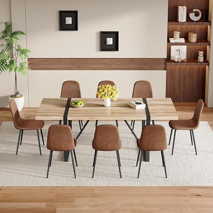 86.6" Dining Table Set for 8, Modern 9 Piece Wood Kitchen Table and Chairs Set, Rectangle Dining Room Table with 8 Suede Upholstered Chairs, Ideal for Home, Kitchen, or Apartment Dining