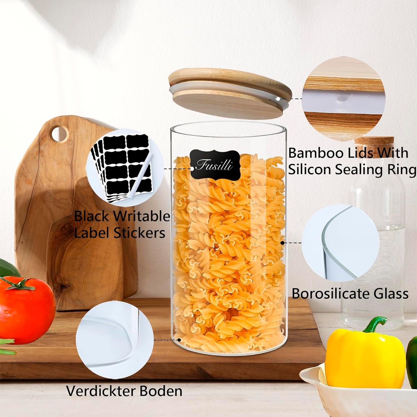 40oz Round Glass Storage Containers with Lids, Clear Food Storage Container Jar with Sealing Bamboo Lid for Noodles Flour Cereal Rice Sugar Tea Coffee Beans, Round Set of 3