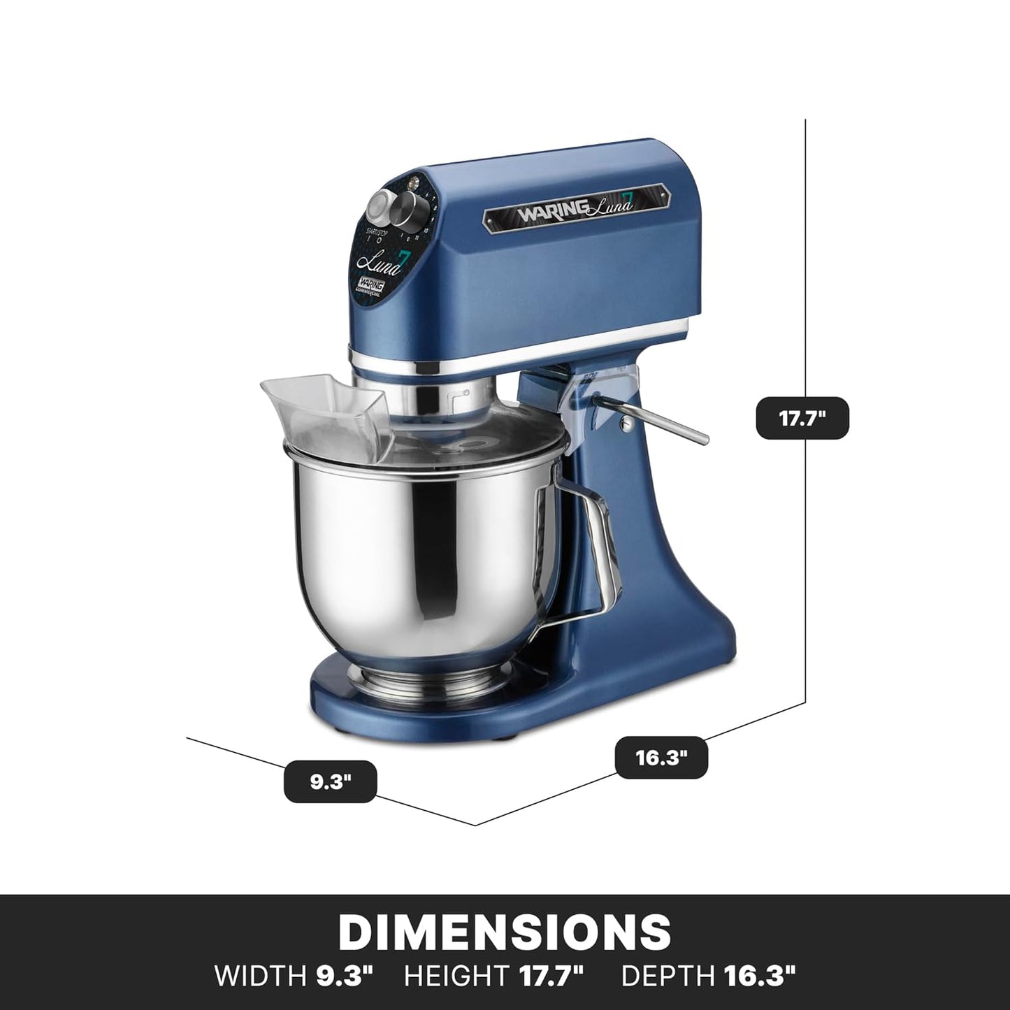 Waring Commercial Planetary 7 Quart Large Stand Mixer | Tilt Head | Countertop Chef Professional Restaurant Industrial Grade | Stainless Steel Bowl | Bakery Bread Dough | WSM7L | 1/2 HP 120V, Blue
