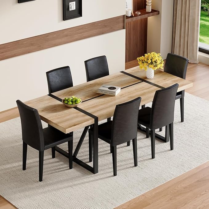 86.6" Dining Table Set for 6, Modern 7 Piece Wood Kitchen Table and Chairs Set, Rectangle Dining Room Table with 6 PU Leather Upholstered Chairs, Ideal for Apartment, Kitchen, Dining Room
