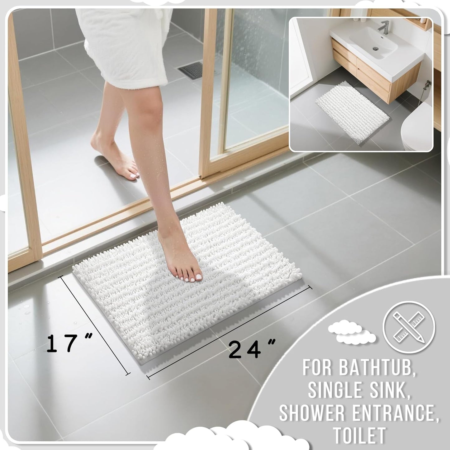 Yimobra Bathroom Rugs Non Slip Washable 24x17 Inch - Ultra Soft Absorbent Chenille Bath Mat, Quick Dry Shaggy Floor Carpet for Tub Shower, White Home Decor Accessories