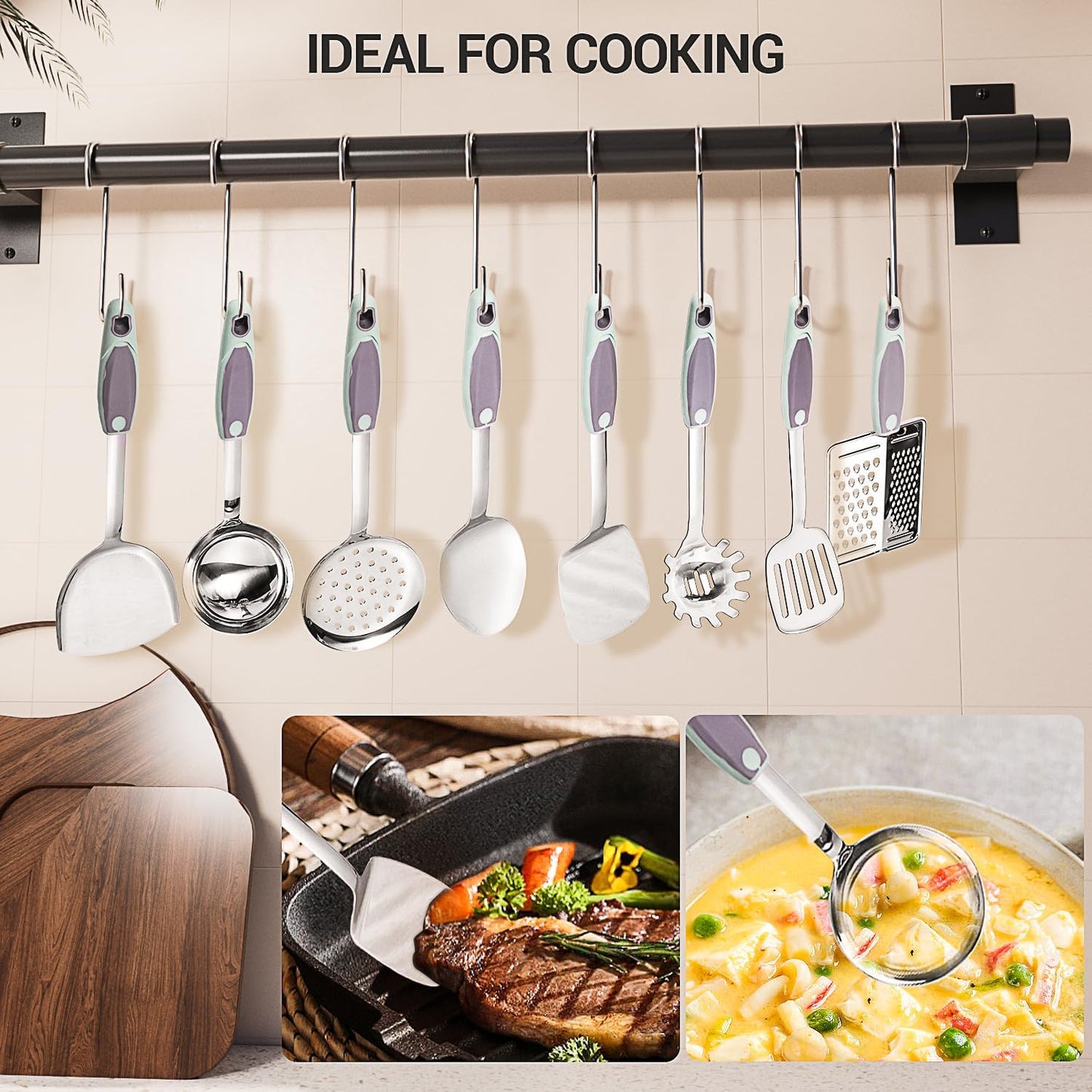 10PCS Cooking Utensils Set, Stainless Steel Utensils Set Non Slip Handle Heat Resistant Kitchen Cooking Tools Durable Metal Utensil Spatula, Spoon, Whisk, Ladle, Pasta Fork