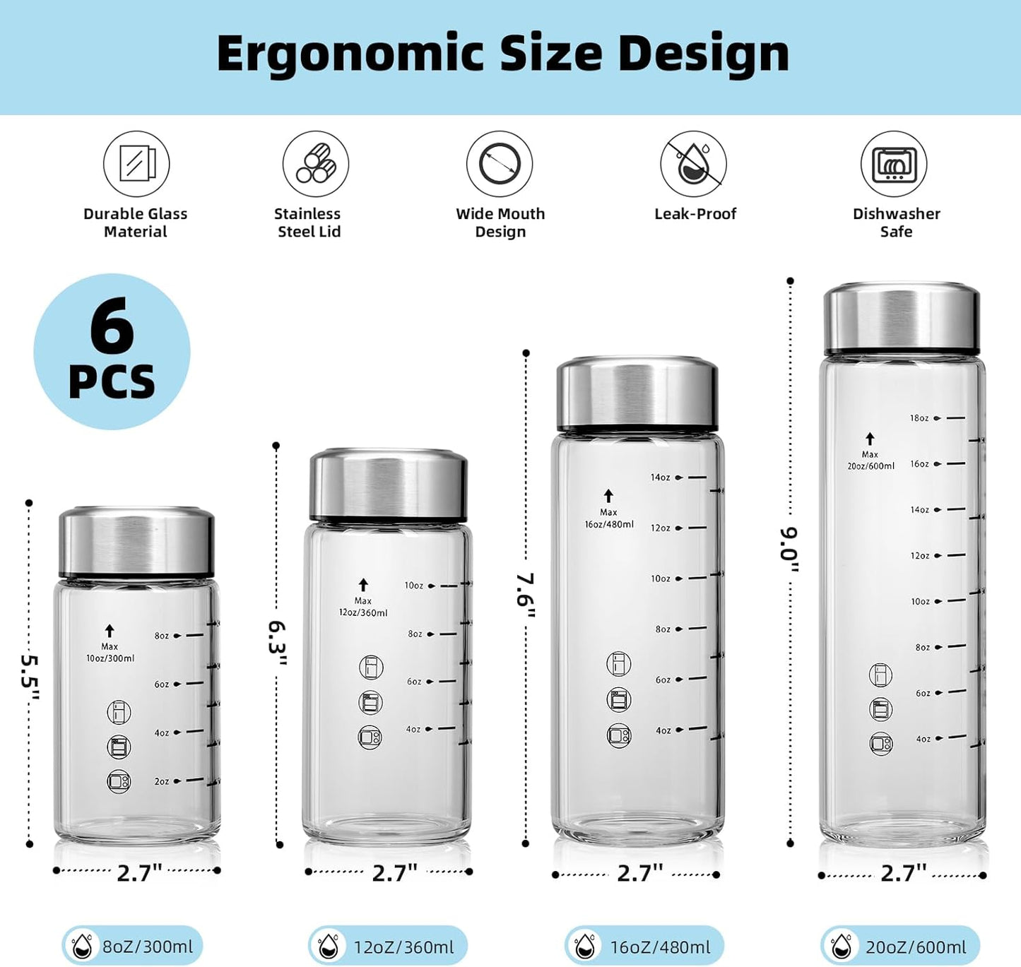 Glass Juice Bottles 6 Pack 16 oz - Wide Mouth Glass Water Bottles with Lids - Borosilicate,Stainless Steel Lids for Juicing, Smoothies, Infused Water, Beverage Storage, Leakproof, Reusable, BPA Free