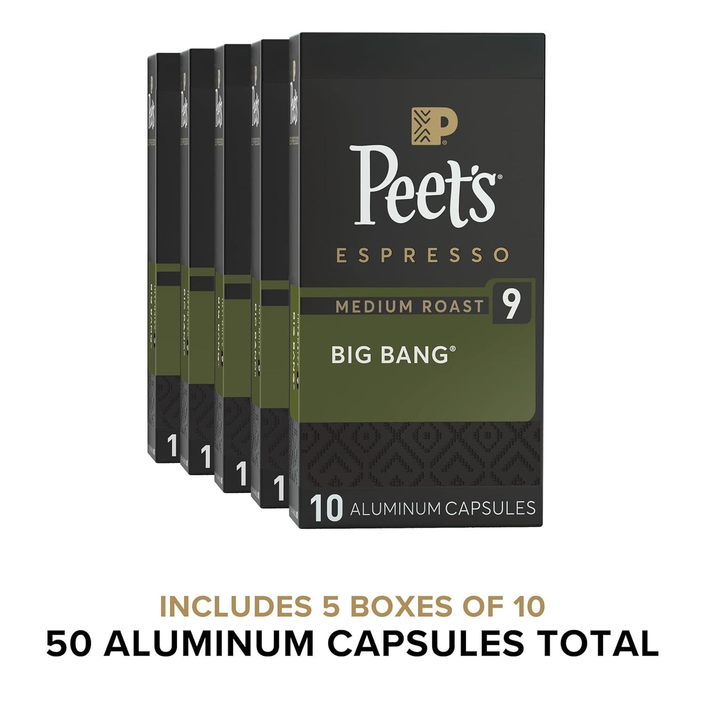 Peet's Coffee, Medium Roast Espresso Capsules, Compatible with Nespresso Original Machines - Big Bang Intensity 9, 50 Count (5 Boxes of 10 Espresso Capsules)