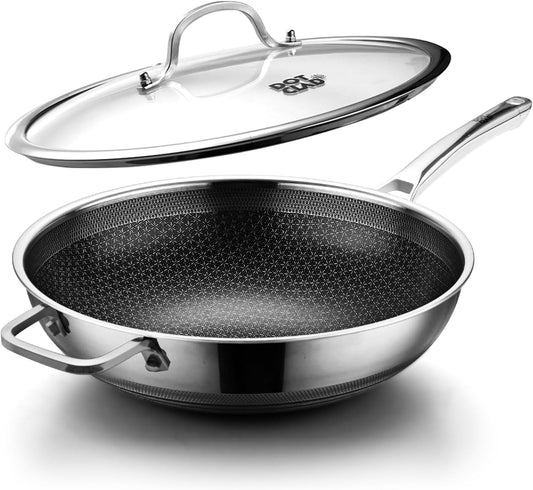 Wok pan,Hybrid 12 inch Wok with Lid, PFOA Free Cookware,non stick Stainless Steel Woks & Stir-fry pans Nonstick, Dishwasher and Oven Safe, Works on Induction